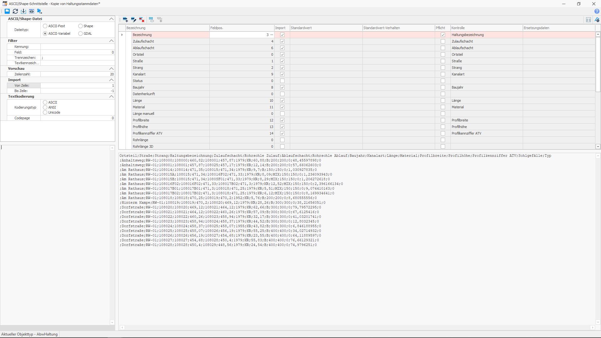 Bild zeigt Screenshot vom ASCII-Import 2/3: ASCII Import von Haltungsstammdaten vom Dateityp ASCII-Variabel.